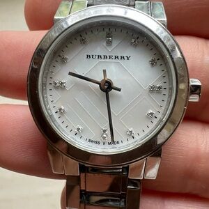 Burberry Silver Timepiece with Mother of Pearl Face and diamond indices